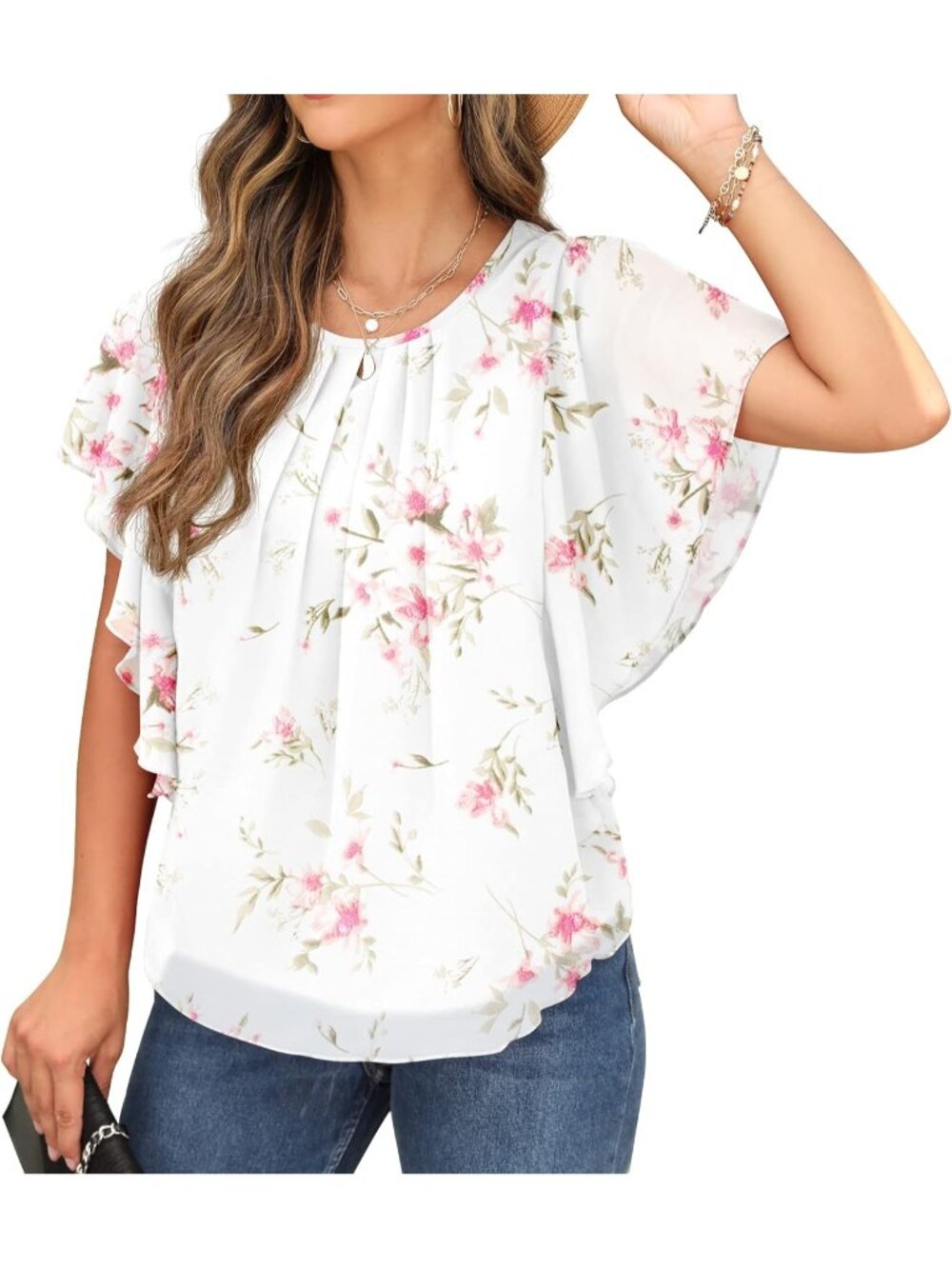 Women's Summer Casual Blouses Peach White Loose Round Neck Chiffon Flowy Tops